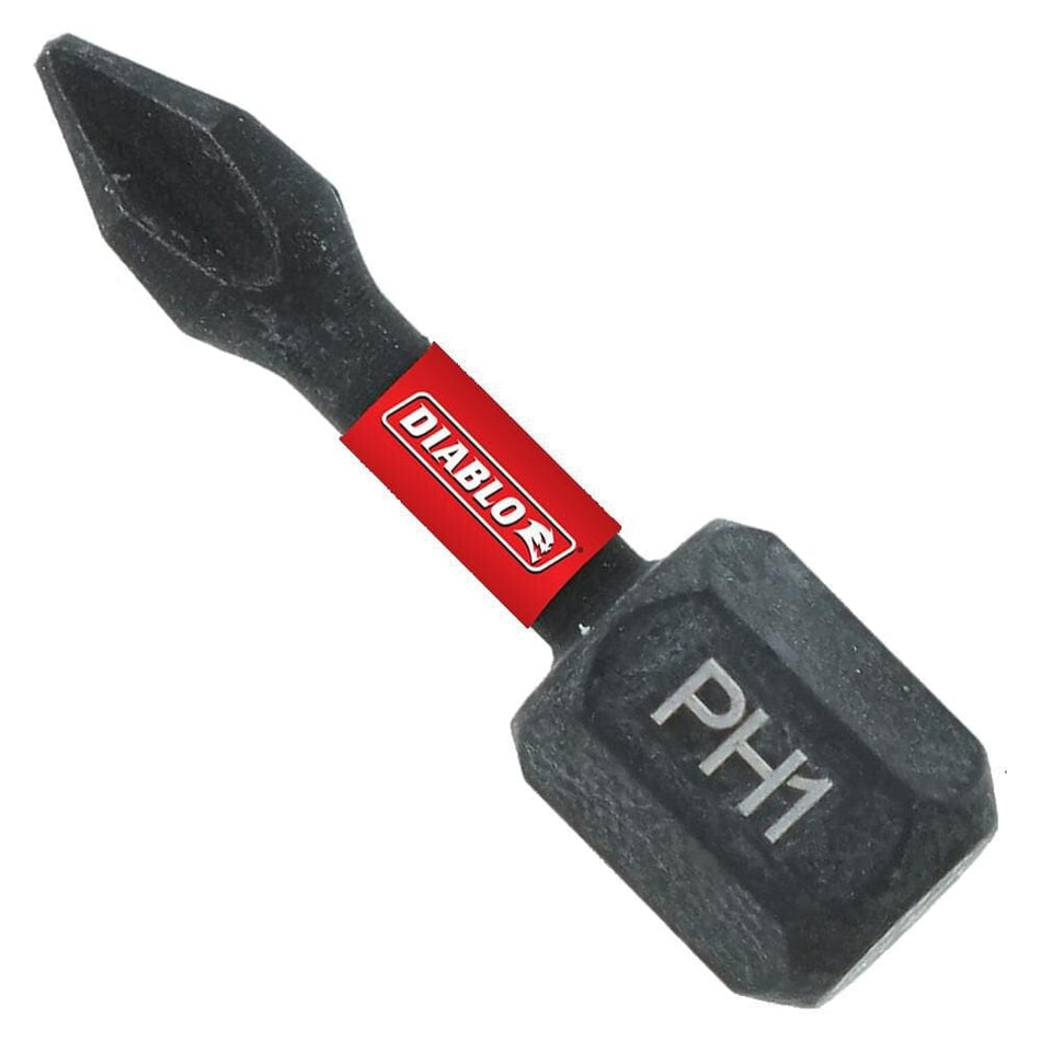 A high-resolution product shot of a single 1-inch black Diablo #1 Phillips impact driver bit featuring a signature red brand band with the white Diablo logo and a 1/4-inch hex shank with a laser-etched PH1 size marking.