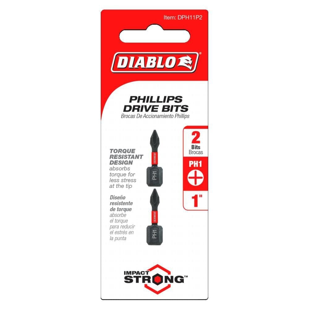 Retail hanging card packaging for a 2-pack of 1-inch Diablo #1 Phillips impact driver bits, highlighting the PH1 size, Torque Resistant Design callouts, and the Impact Strong series durability rating.