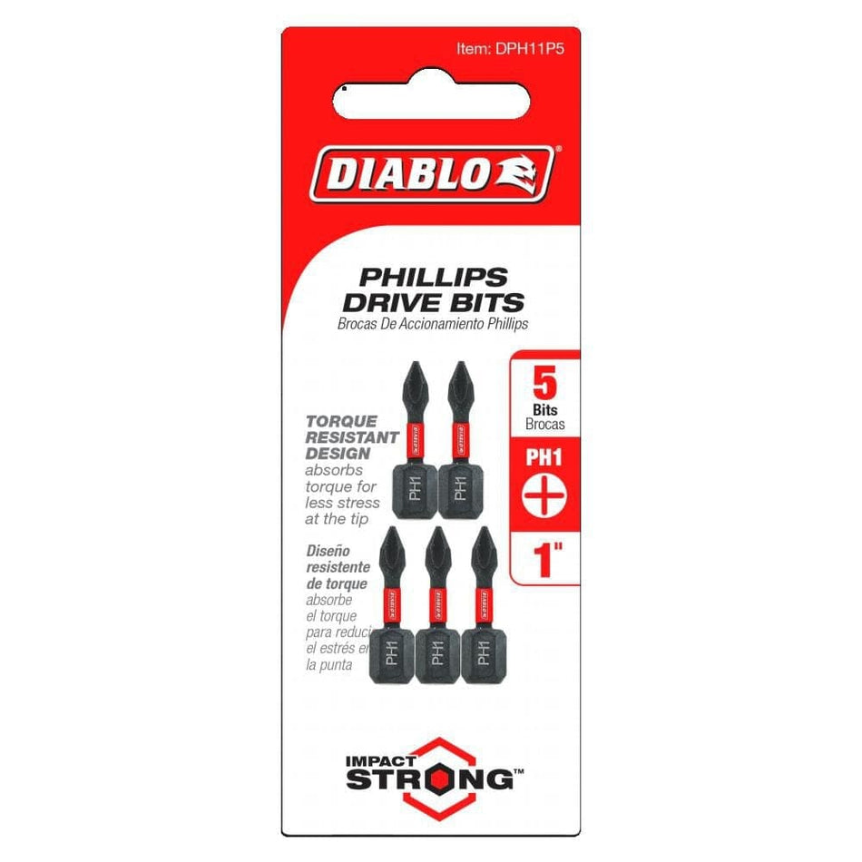 Retail hanging card packaging for a 5-pack of 1-inch Diablo #1 Phillips impact driver bits, featuring a PH1 size identifier, Torque Resistant Design details, and 50X life durability branding.