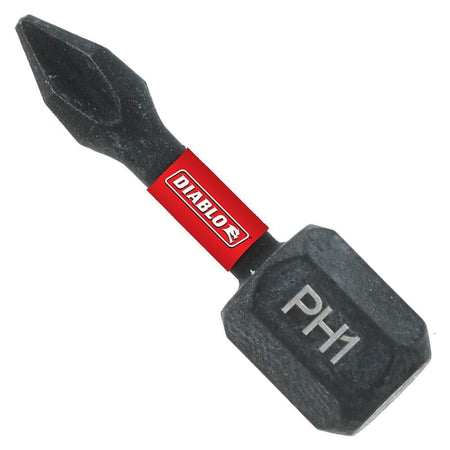 A high-resolution close-up shot of a single 1-inch black Diablo #1 Phillips impact driver bit emphasizing the precision-milled tip and durable black finish.
