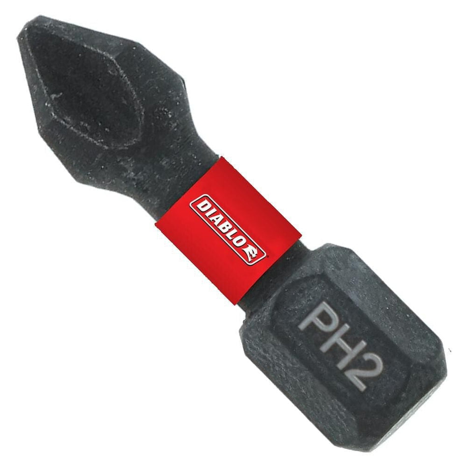 A high-resolution product image of a single 1-inch black Diablo #2 Phillips impact driver bit featuring a signature red brand band and a 1/4-inch hex shank with a laser-etched PH2 size marking.