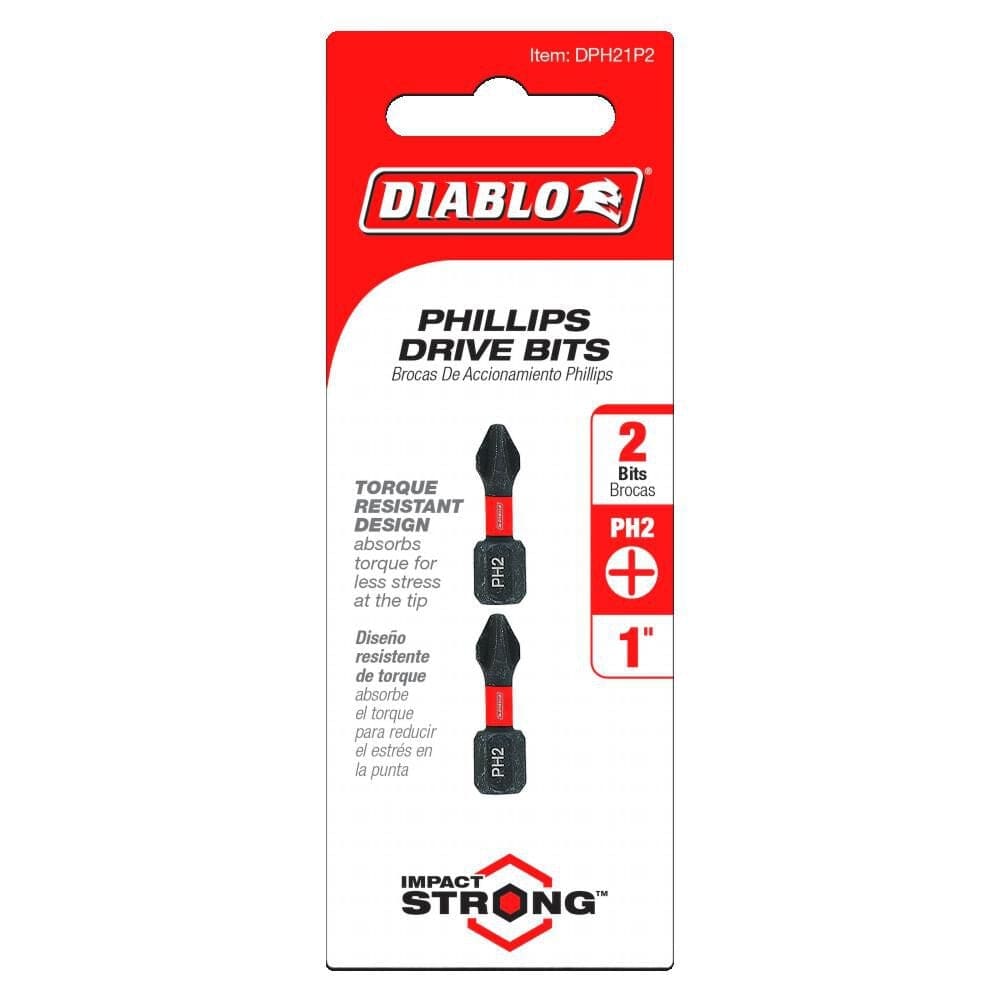 Retail hanging card packaging for a 2-pack of 1-inch Diablo #2 Phillips impact driver bits, highlighting the PH2 size, Torque Resistant Design, and Impact Strong series logo.