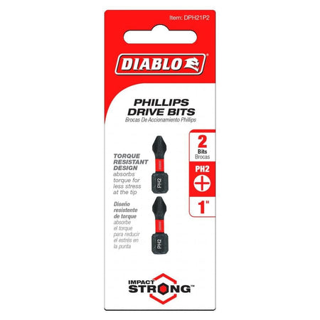 Retail hanging card packaging for a 2-pack of 1-inch Diablo #2 Phillips impact driver bits, highlighting the PH2 size, Torque Resistant Design, and Impact Strong series logo.