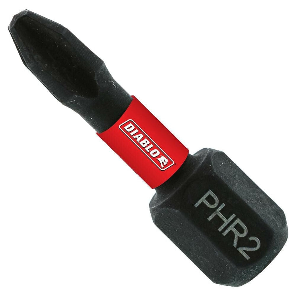 A high-resolution product shot of a single 1-inch black Diablo #2 Phillips reduced diameter impact driver bit, highlighting the slimmed tip for drywall screws and a PHR2 size marking.
