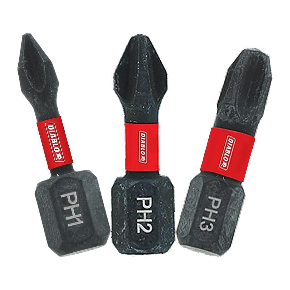 Three black 1-inch Diablo Phillips impact driver bits arranged side-by-side, featuring a PH1, PH2, and PH3 tip, each with a signature red brand band and white size markings on their respective hex shanks.