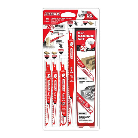 Retail hanging card packaging for the 5-piece Diablo carbide reciprocating saw blade set, highlighting up to 50X longer life and 20% savings.