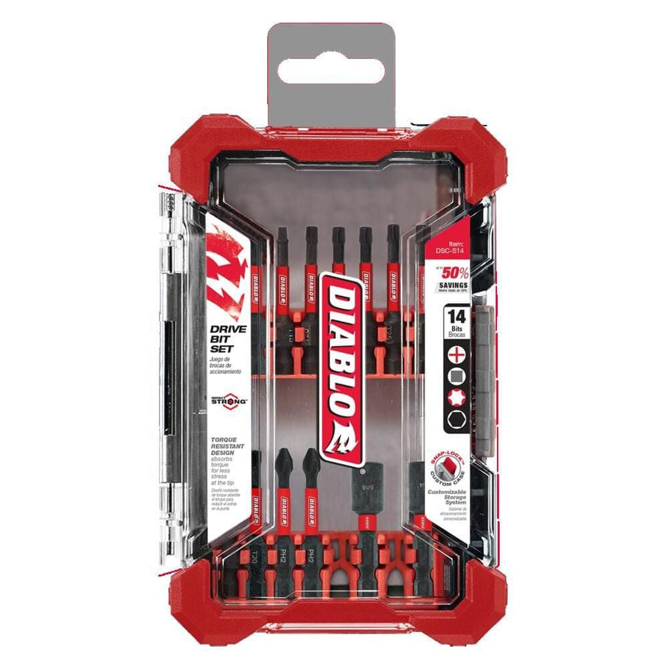 The Diablo 14-piece screwdriving bit set shown in its durable, clear-faced carrying case with red impact-resistant corners, displaying an organized array of assorted 2-inch Torx, Phillips, and Square drive bits alongside magnetic nut setters.