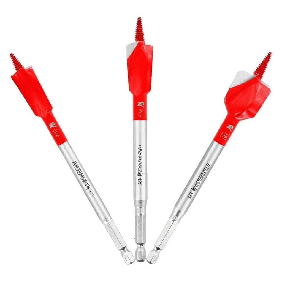 A fan-style arrangement of the Diablo 3-piece Demo Demon spade bit set, featuring 5/8-inch, 3/4-inch, and 1-1/8-inch sizes with signature red paddle heads and threaded self-feed tips.