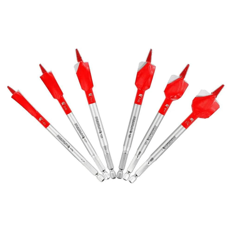 A product shot of the Diablo 6-piece Demo Demon spade bit set arranged in a fan shape, showing bits of varying sizes from 1/2 inch to 1 1/4 inch with red paddle heads and silver shanks.