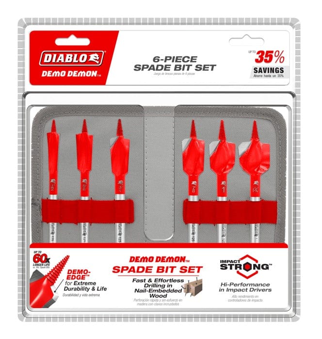 The Diablo Demo Demon 6-piece spade bit set in its protective gray and red storage pouch and clear retail plastic packaging, highlighting extreme durability for nail-embedded wood.