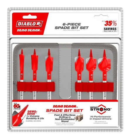 The Diablo Demo Demon 6-piece spade bit set in its protective gray and red storage pouch and clear retail plastic packaging, highlighting extreme durability for nail-embedded wood.