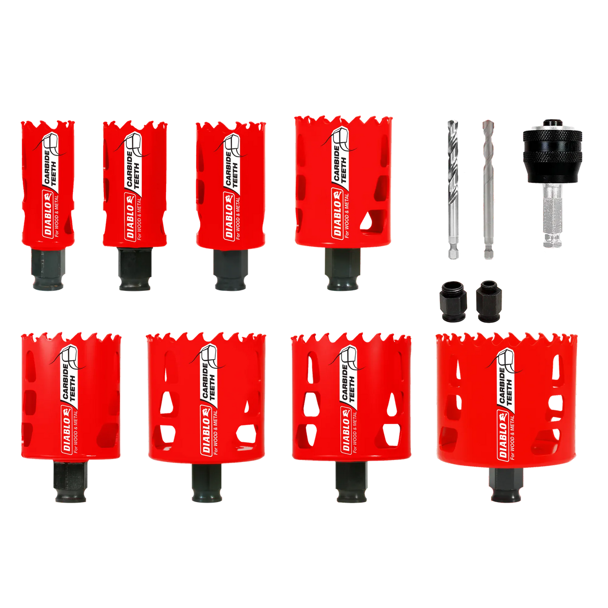 Diablo 13 piece carbide hole saw set including various sized hole saws a SnapLock Plus mandrel and pilot bits arranged neatly in a professional carrying case