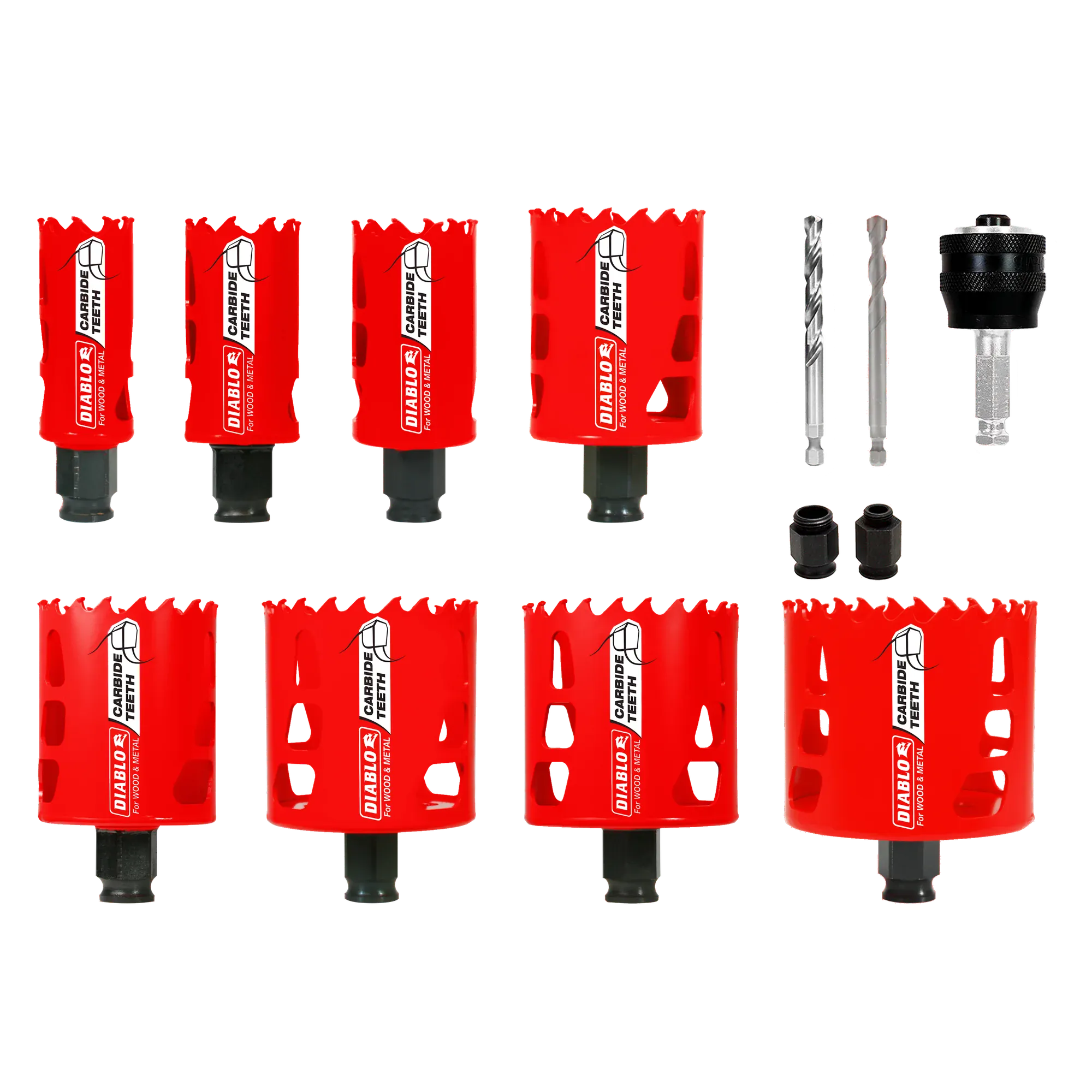 Diablo 13 piece carbide hole saw set including various sized hole saws a SnapLock Plus mandrel and pilot bits arranged neatly in a professional carrying case