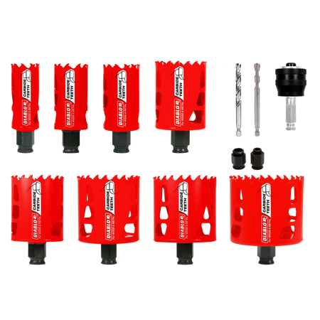 Diablo 13 piece carbide hole saw set including various sized hole saws a SnapLock Plus mandrel and pilot bits arranged neatly in a professional carrying case