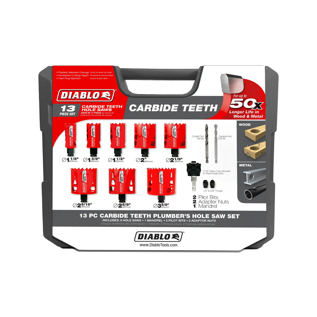 The front of the Diablo 13 piece carbide hole saw set storage case displaying branding technical features such as 50x longer life and compatibility with wood and metal materials
