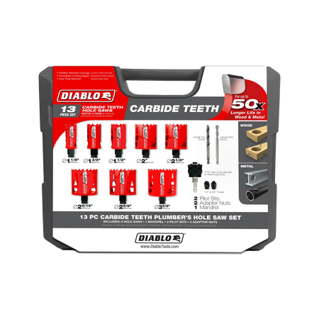 The front of the Diablo 13 piece carbide hole saw set storage case displaying branding technical features such as 50x longer life and compatibility with wood and metal materials