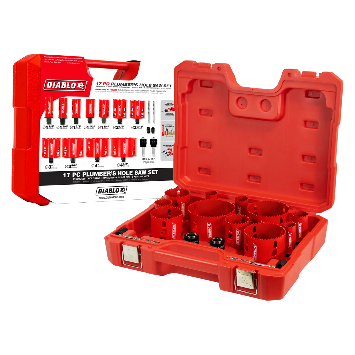 Diablo 17 piece plumber bi-metal hole saw set arranged neatly in a red hard-shell carrying case with individual compartments for each hole saw and accessory.
