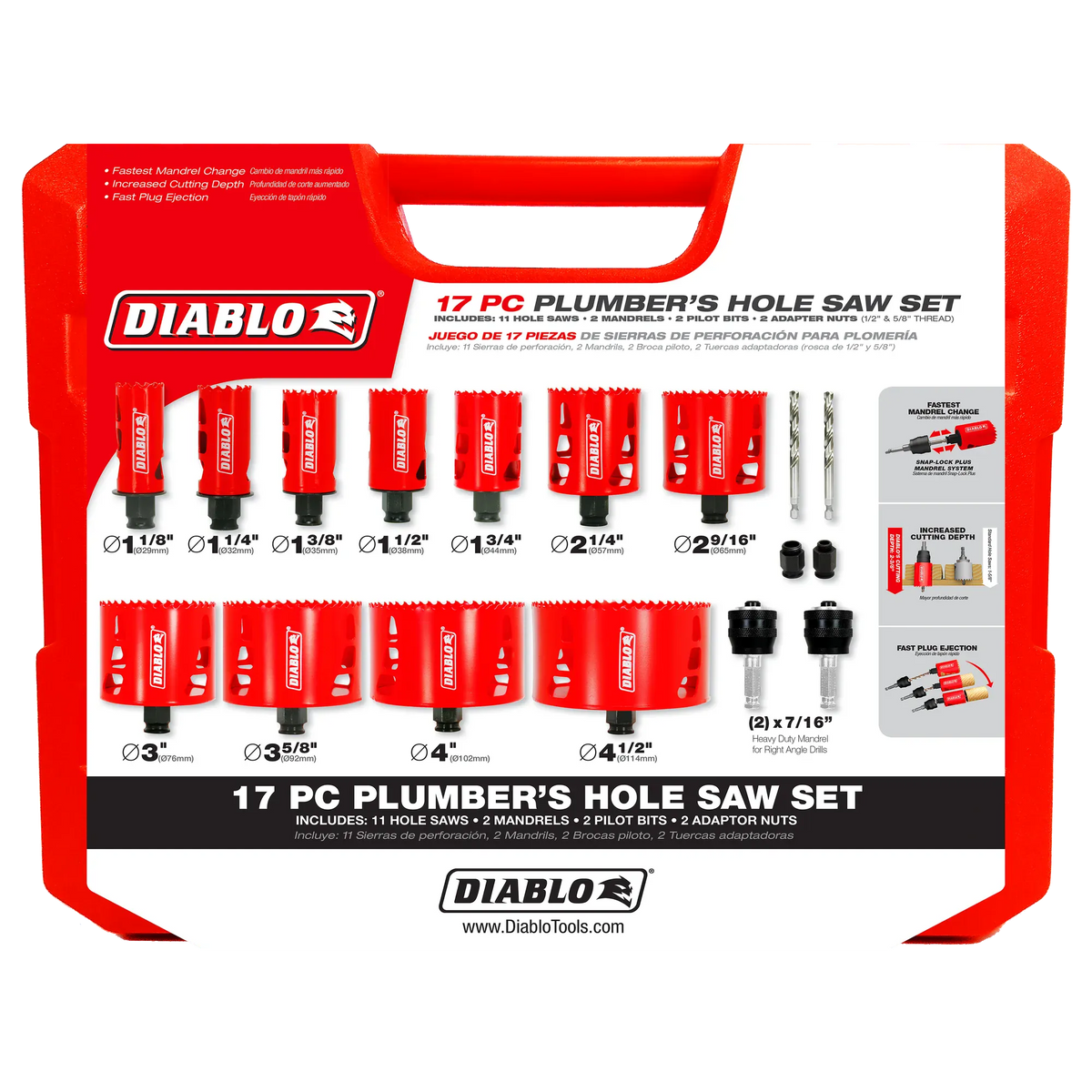 The front of the Diablo 17 piece plumber bi-metal hole saw set storage case displaying branding technical specifications and a list of included hole saw diameters for quick identification.