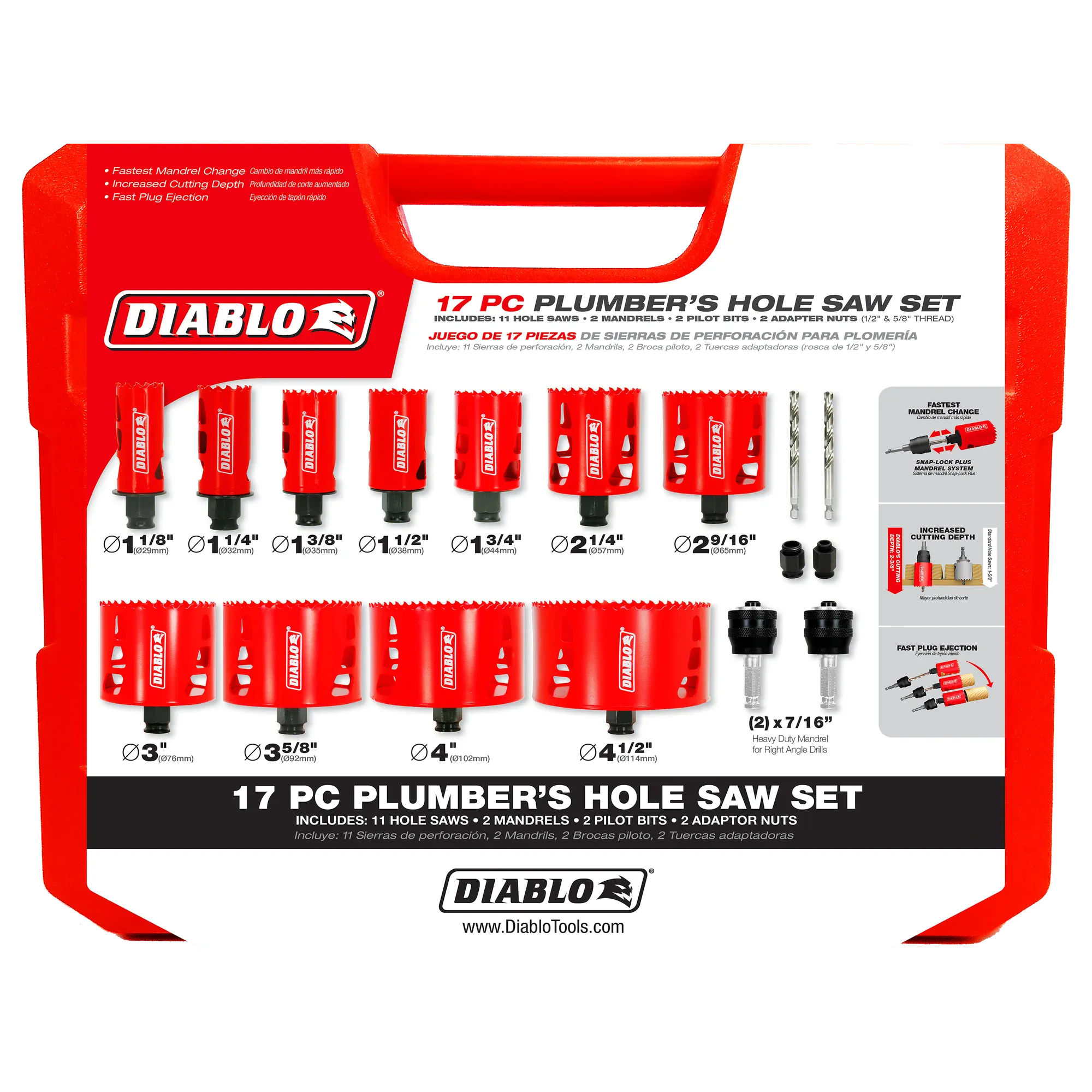The front of the Diablo 17 piece plumber bi-metal hole saw set storage case displaying branding technical specifications and a list of included hole saw diameters for quick identification.