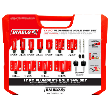 The front of the Diablo 17 piece plumber bi-metal hole saw set storage case displaying branding technical specifications and a list of included hole saw diameters for quick identification.