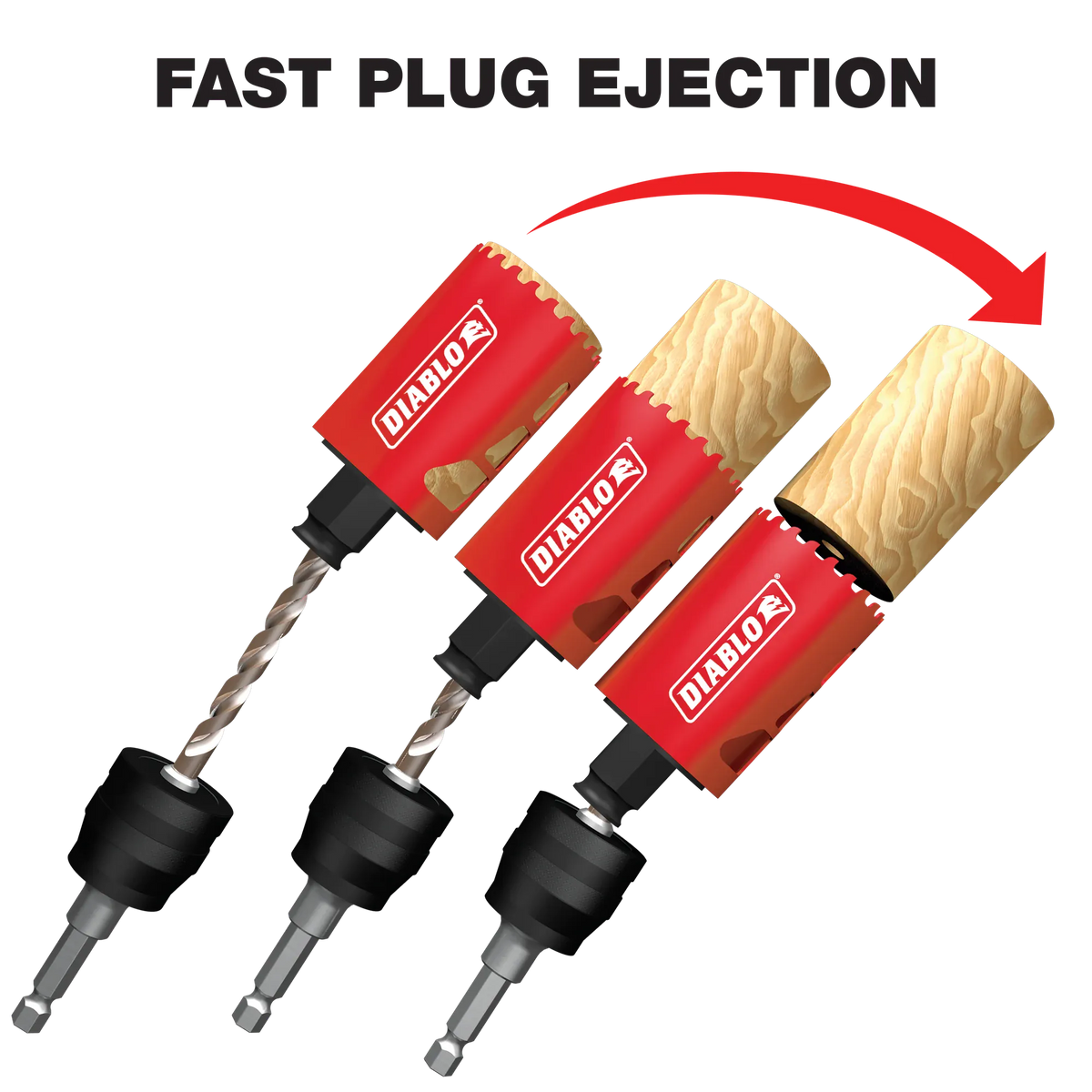 Instructional graphic demonstrating the fast plug ejection process for Diablo hole saws showing a wooden plug being easily removed from the red hole saw cup.