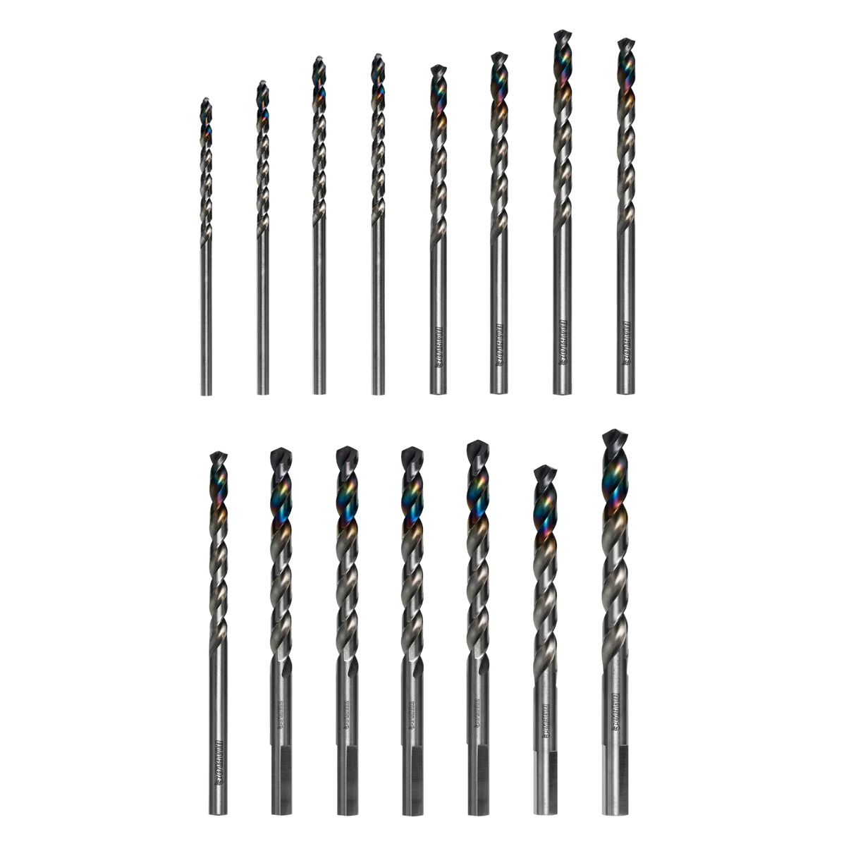 Diablo Metal Demon drill bit set arranged in two rows on a black background displaying the iridescent finish of the individual twist drill bits