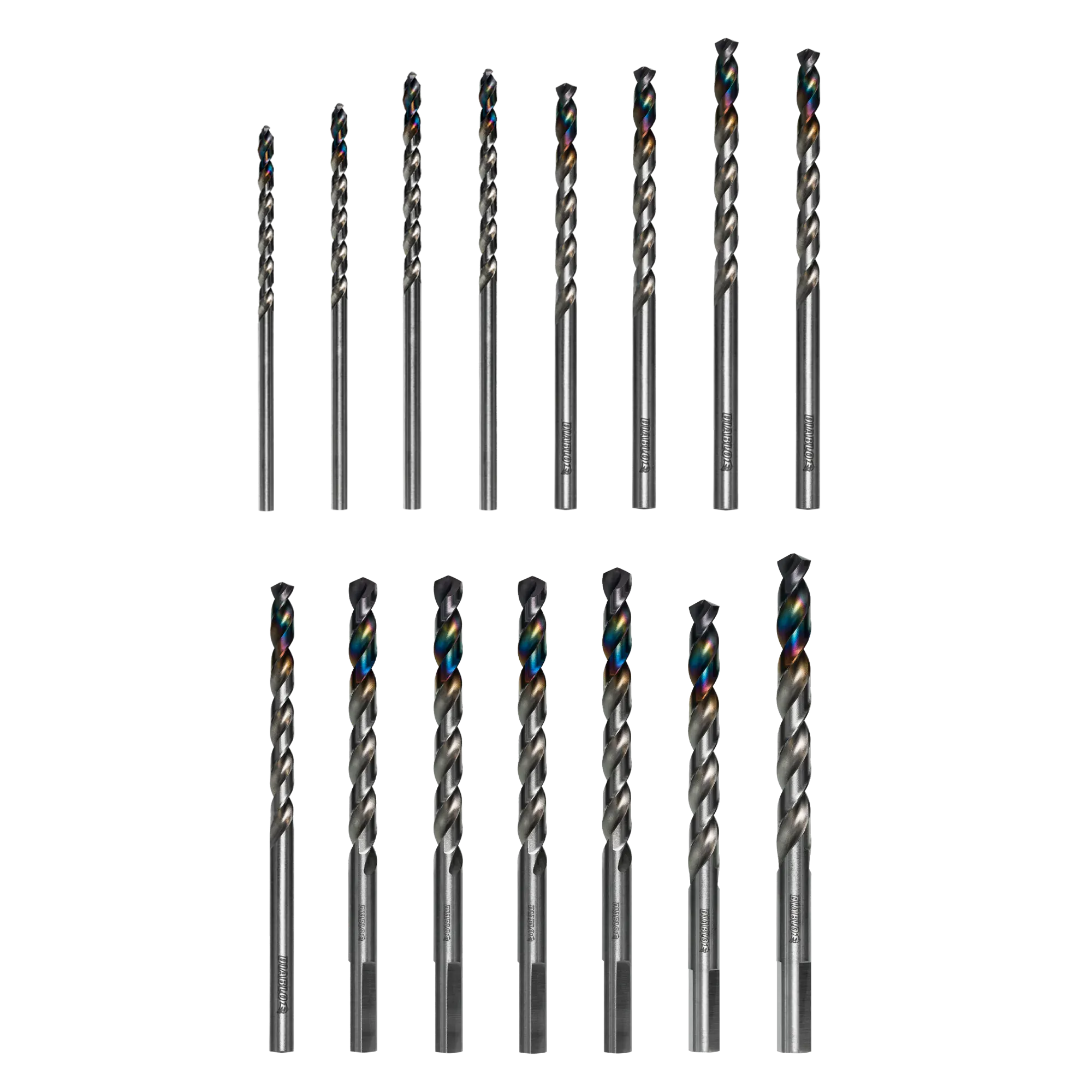 Diablo Metal Demon drill bit set arranged in two rows on a black background displaying the iridescent finish of the individual twist drill bits