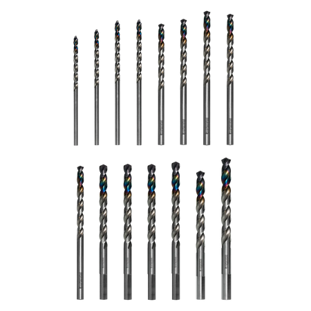 Diablo Metal Demon drill bit set arranged in two rows on a black background displaying the iridescent finish of the individual twist drill bits