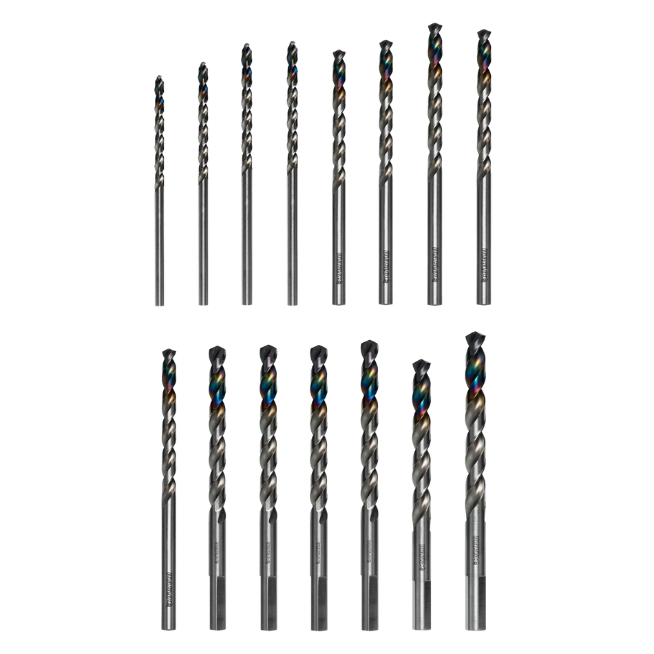 Diablo Metal Demon drill bit set arranged in two rows on a black background displaying the iridescent finish of the individual twist drill bits