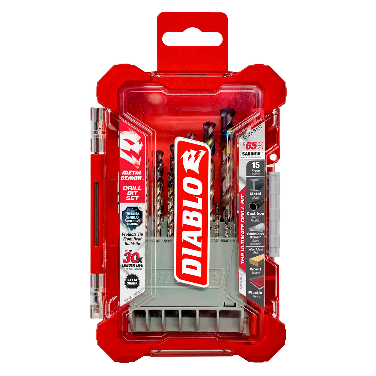 A protective red plastic case for the Diablo Metal Demon 15 piece drill bit set showing branding and application icons for metal wood and plastic