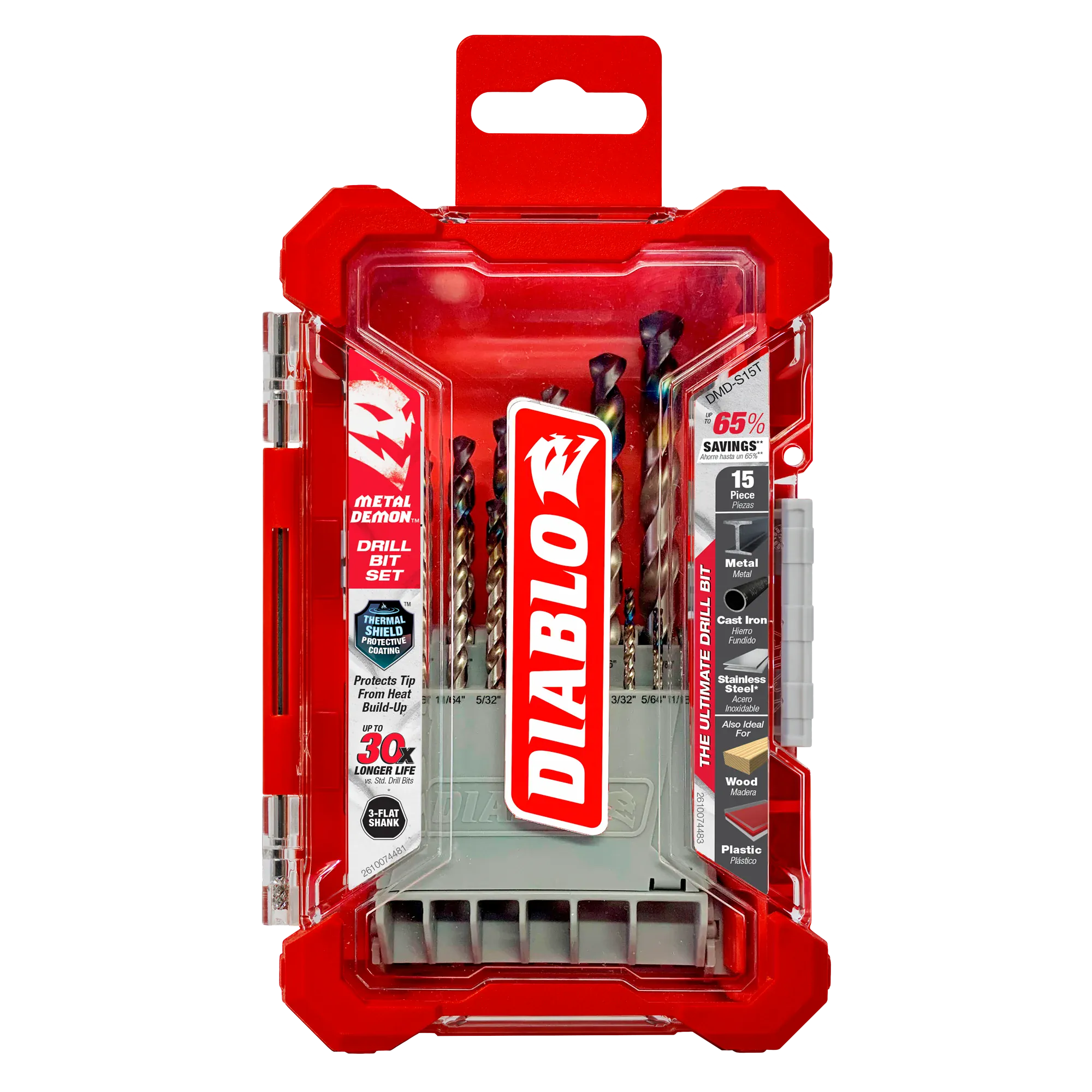 A protective red plastic case for the Diablo Metal Demon 15 piece drill bit set showing branding and application icons for metal wood and plastic