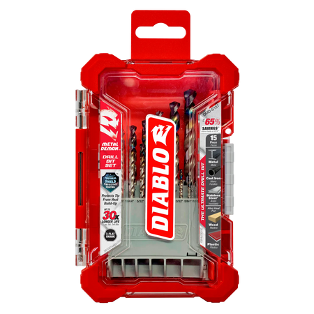 A protective red plastic case for the Diablo Metal Demon 15 piece drill bit set showing branding and application icons for metal wood and plastic