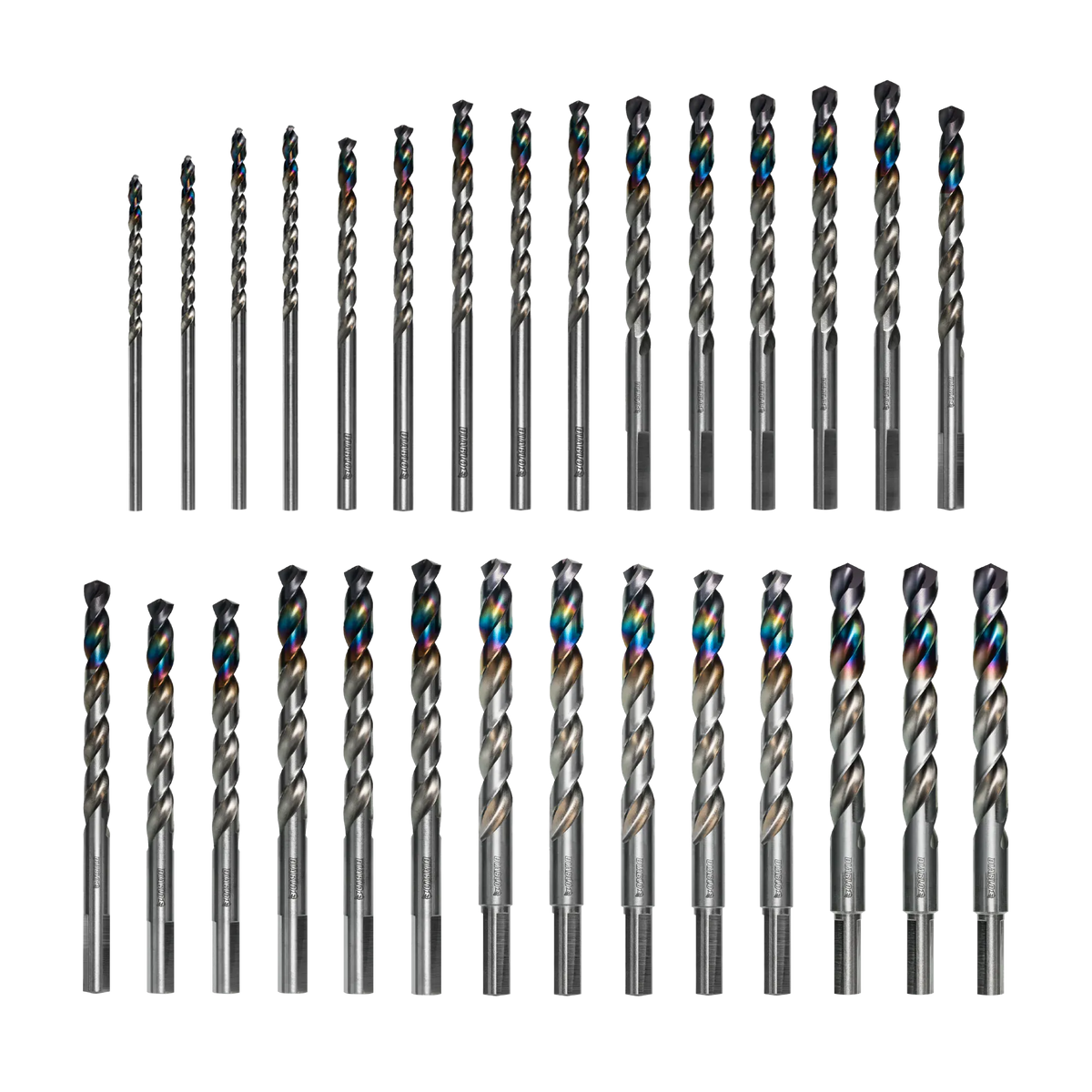 Diablo Metal Demon drill bit set arranged in size order from smallest to largest on a black background displaying the iridescent finish of the bits