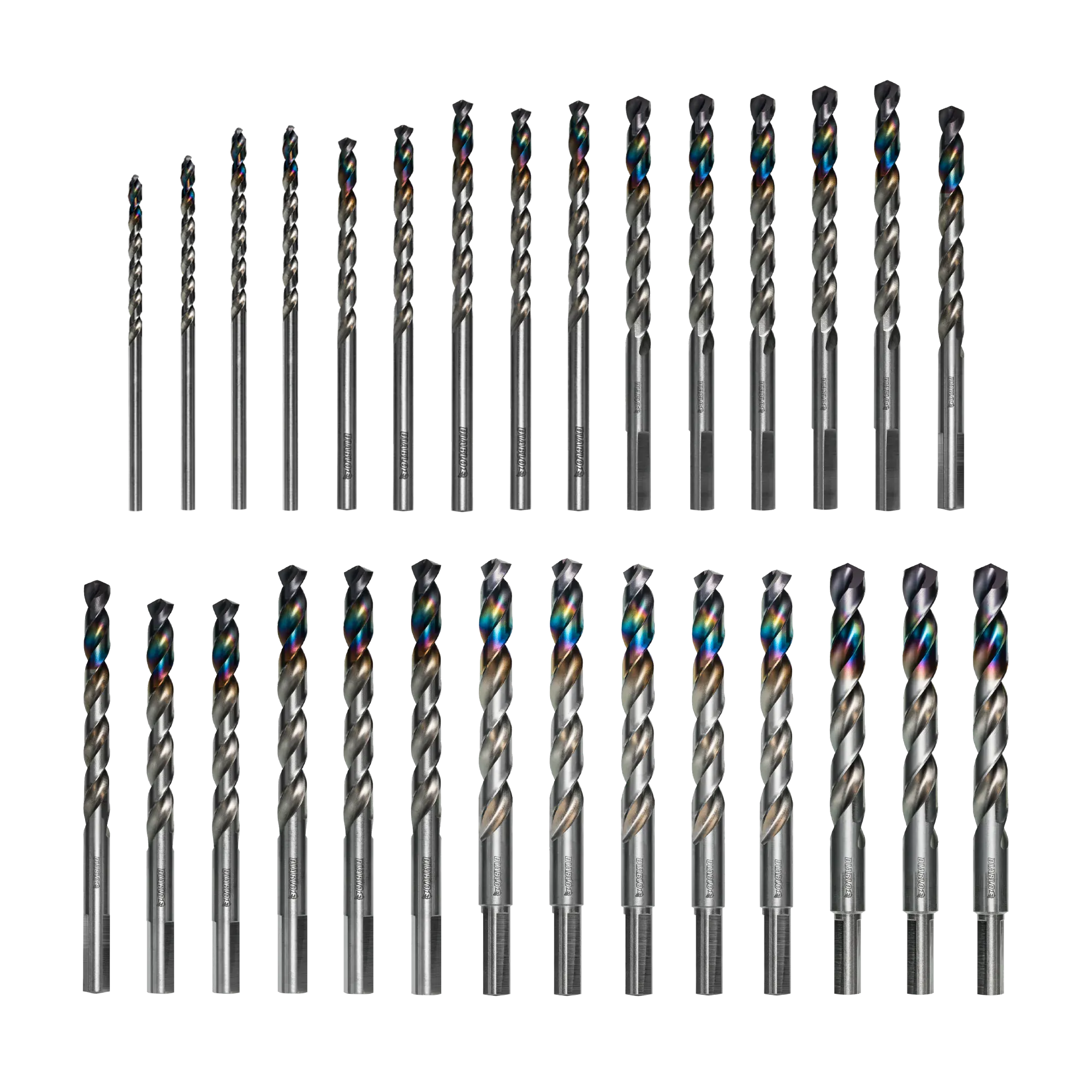 Diablo Metal Demon drill bit set arranged in size order from smallest to largest on a black background displaying the iridescent finish of the bits