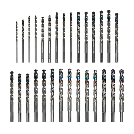 Diablo Metal Demon drill bit set arranged in size order from smallest to largest on a black background displaying the iridescent finish of the bits
