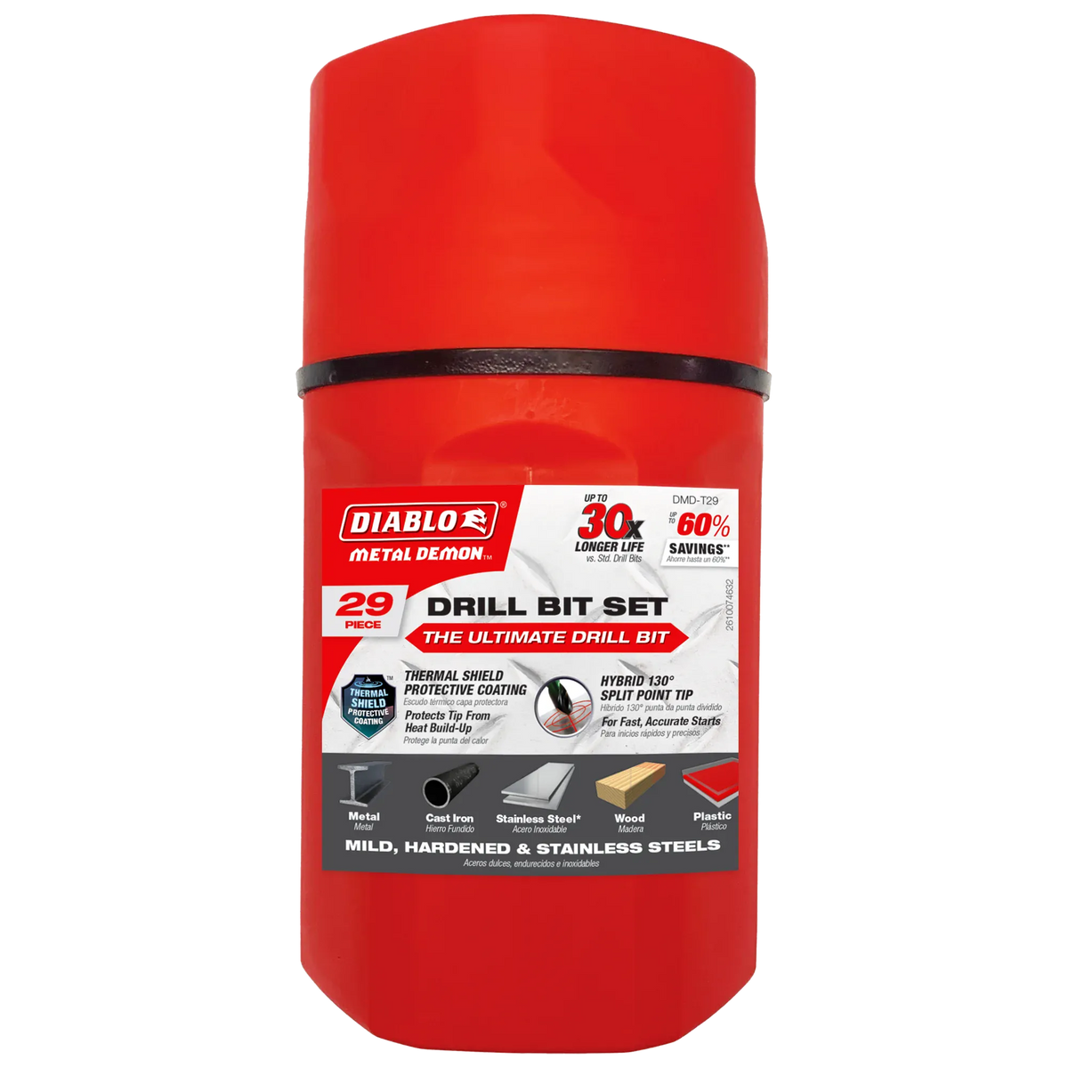 Red cylindrical plastic storage case for the Diablo Metal Demon 29 piece drill bit set showing product information and compatibility icons