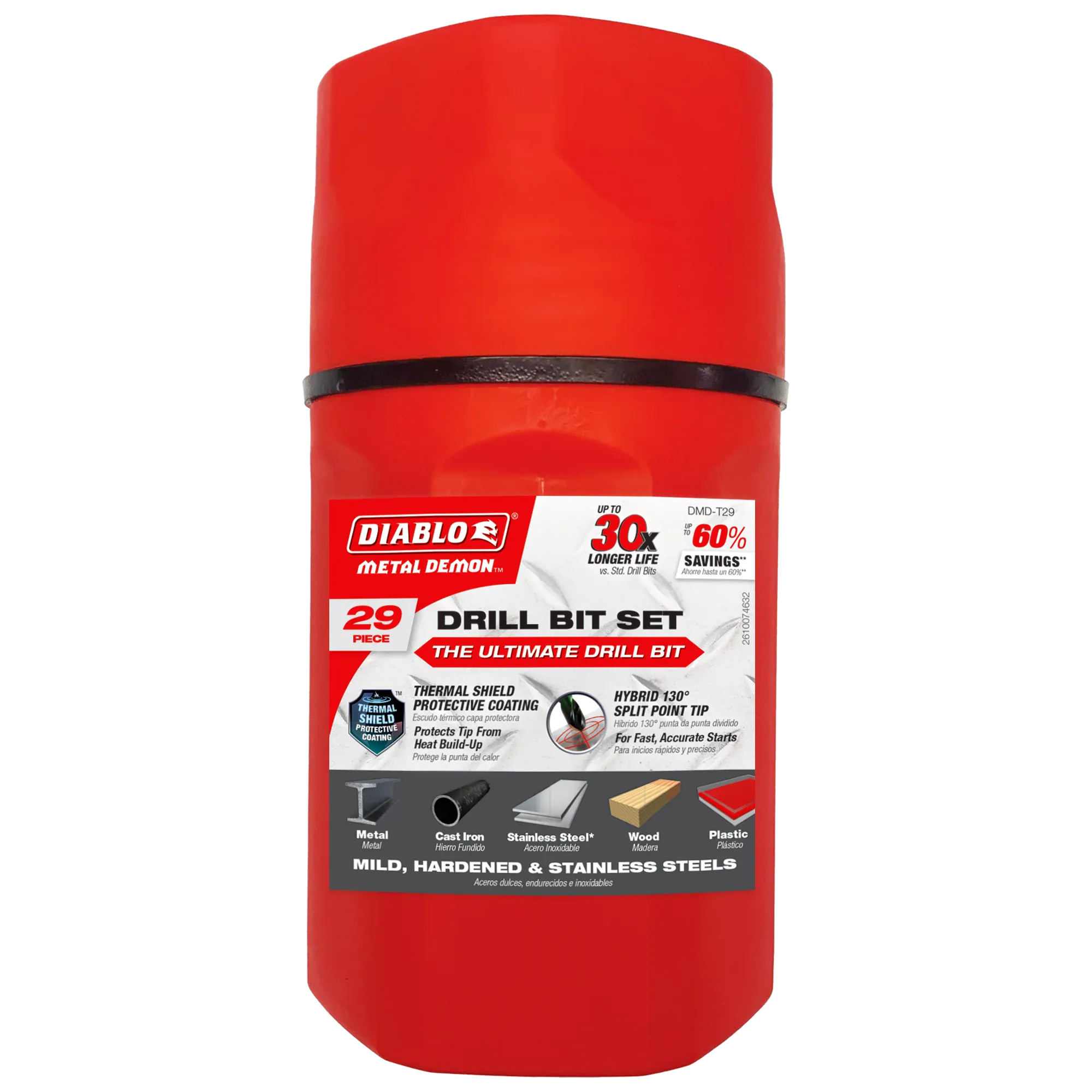 Red cylindrical plastic storage case for the Diablo Metal Demon 29 piece drill bit set showing product information and compatibility icons