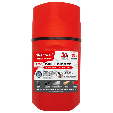 Red cylindrical plastic storage case for the Diablo Metal Demon 29 piece drill bit set showing product information and compatibility icons