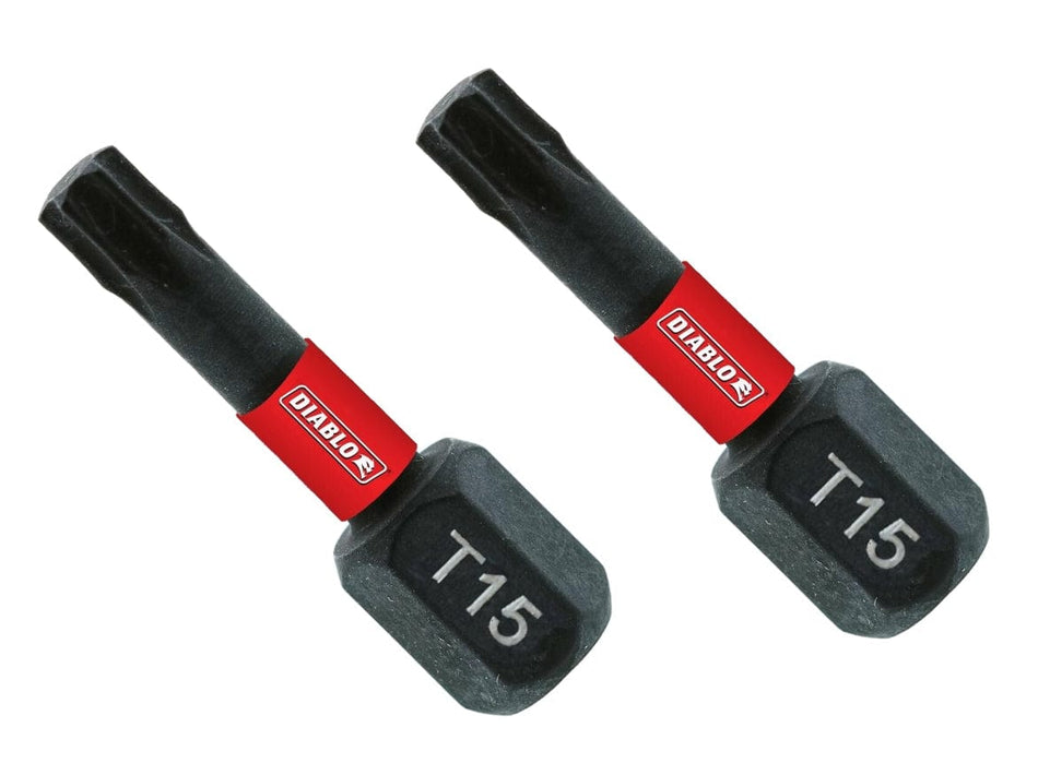 A product shot showcasing two Diablo 1-inch T15 Torx impact driver bits side-by-side, each highlighting the star-shaped Torx tip, red brand identifier, and durable black steel construction.