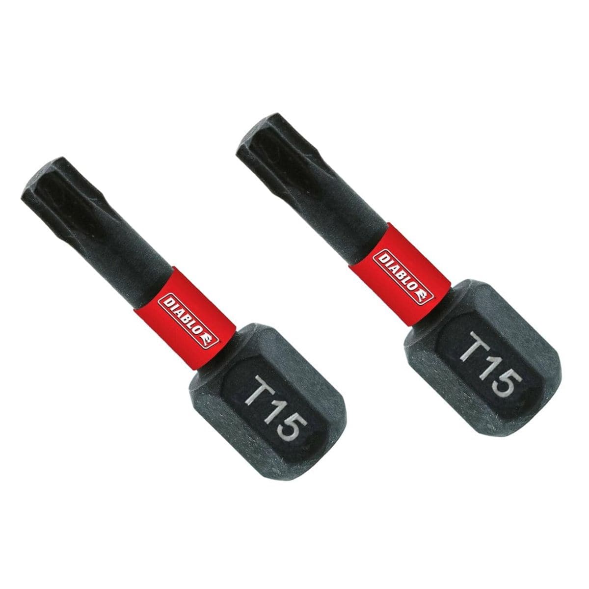 A product shot showcasing two Diablo 1-inch T15 Torx impact driver bits side-by-side, each highlighting the star-shaped Torx tip, red brand identifier, and durable black steel construction.