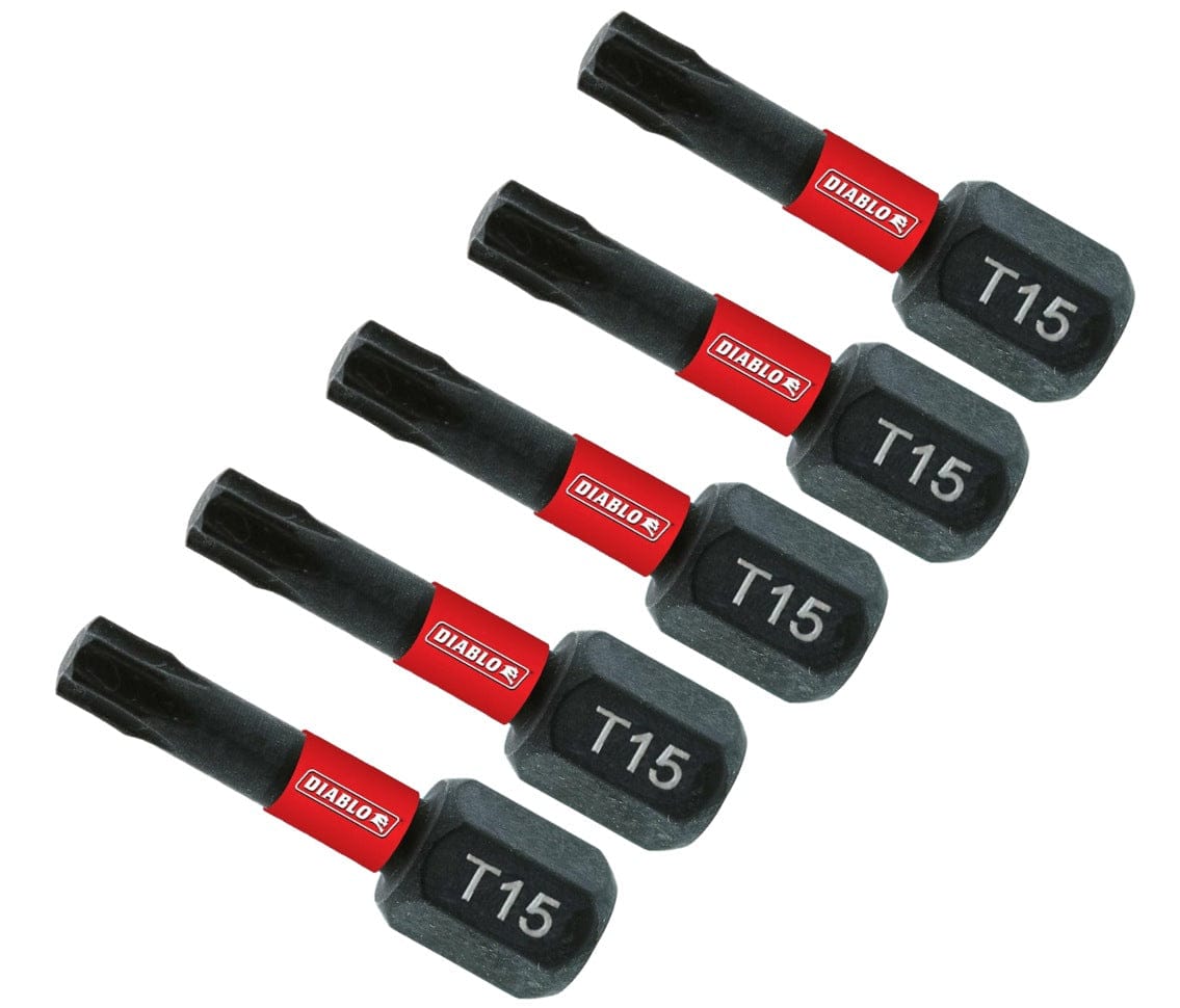 Five Diablo 1-inch T15 Torx impact driver bits arranged in a parallel diagonal line, each featuring a black finish, a signature red brand band with the Diablo logo, and a laser-etched T15 size identifier.