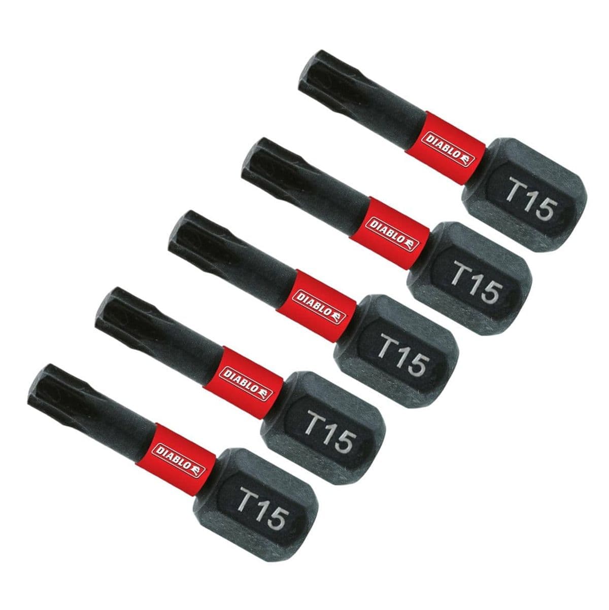 Five Diablo 1-inch T15 Torx impact driver bits arranged in a parallel diagonal line, each featuring a black finish, a signature red brand band with the Diablo logo, and a laser-etched T15 size identifier.