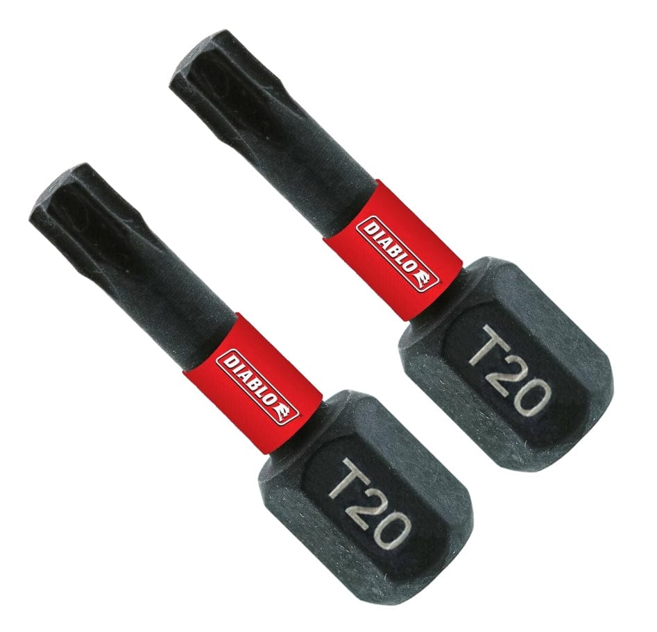 A studio product shot showing two Diablo 1-inch T20 Torx impact driver bits side-by-side, each featuring a black finish, a signature red brand band with the Diablo logo, and a 1/4-inch hex shank with a laser-etched T20 size marking.