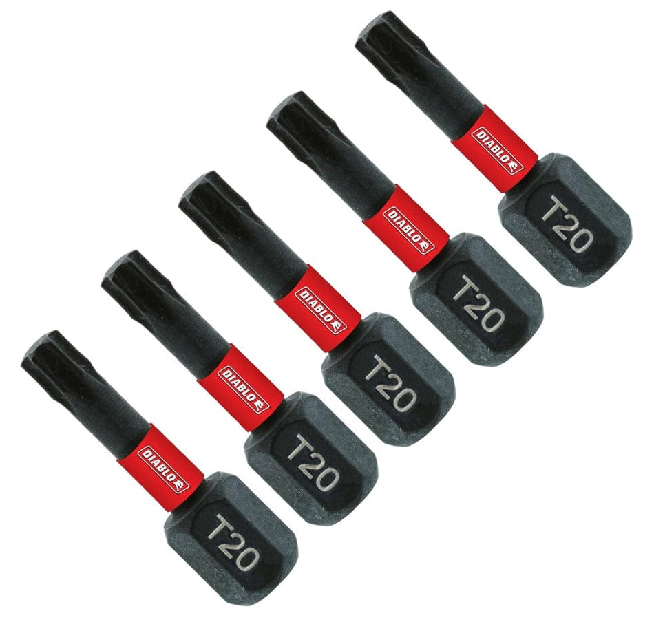 Five Diablo 1-inch T20 Torx impact driver bits arranged in a parallel diagonal line, each featuring a black finish, a signature red brand band with the white Diablo logo, and a laser-etched T20 size marking on the base.