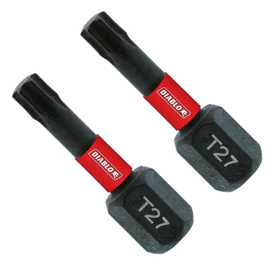A studio product shot showing two Diablo 1-inch T27 Torx impact driver bits side-by-side, each featuring a black finish, a signature red brand band with the white Diablo logo, and a 1/4-inch hex shank with a laser-etched T27 size marking.