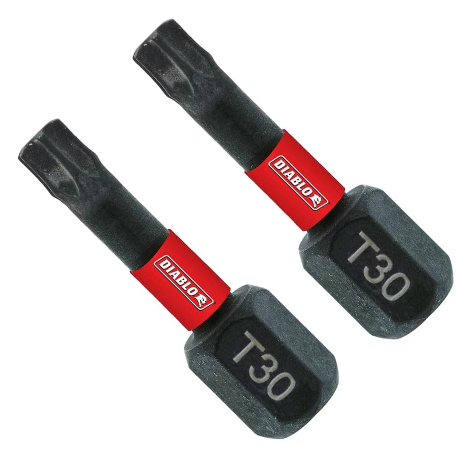 A studio product shot showcasing two Diablo 1-inch T30 Torx impact driver bits side-by-side, each featuring a black finish, a signature red brand band with the white Diablo logo, and a 1/4-inch hex shank with a laser-etched T30 size marking.