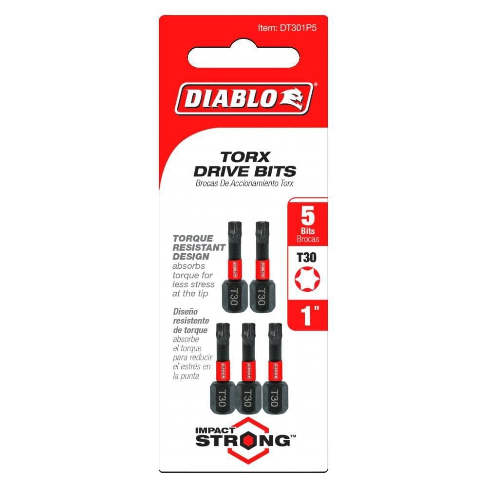 Retail hanging card packaging for a 5-pack of 1-inch Diablo T30 Torx impact driver bits, featuring red branding, "Torque Resistant Design" callouts, and an "Impact Strong" durability rating.