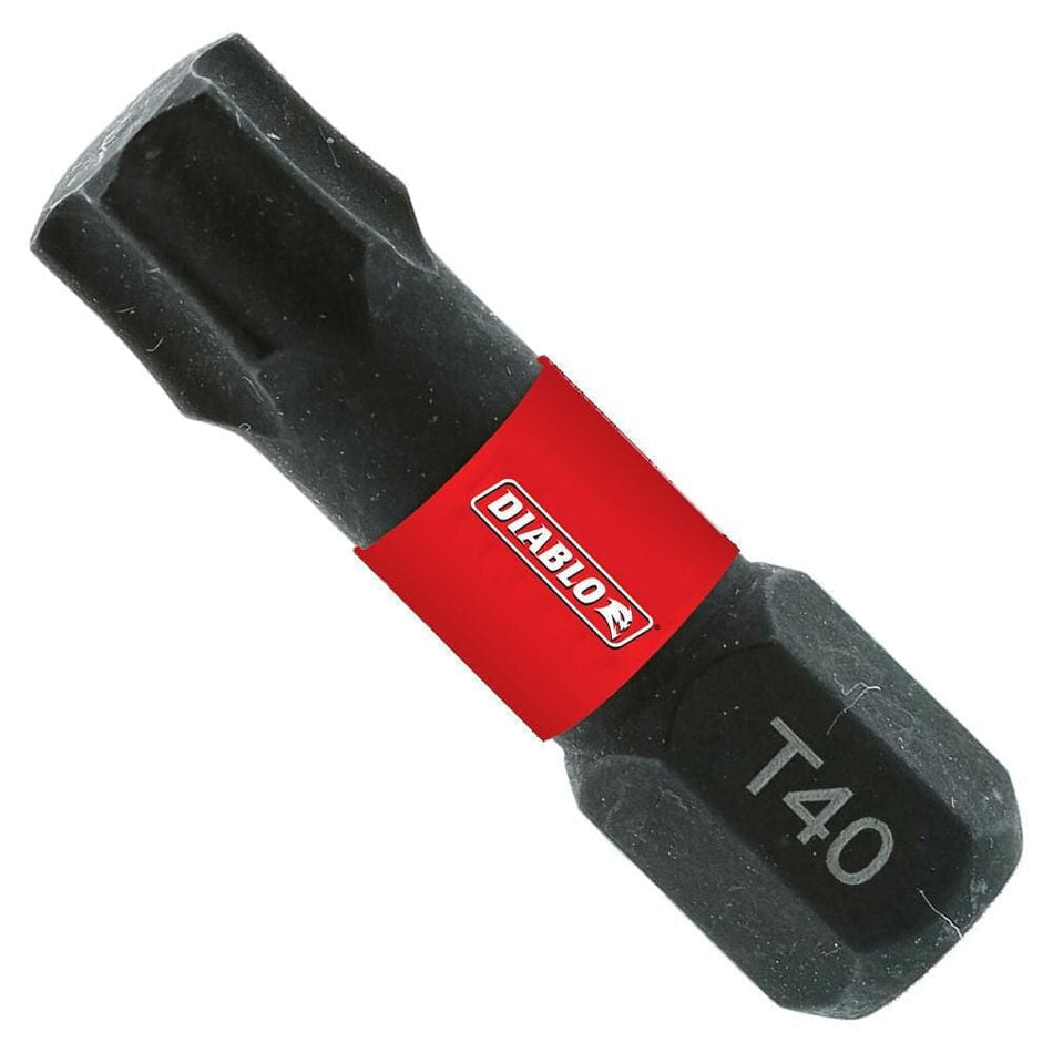 A high-resolution close-up product image of a single black 1-inch Diablo T40 Torx impact driver bit featuring a red brand band and 1/4-inch hex shank.