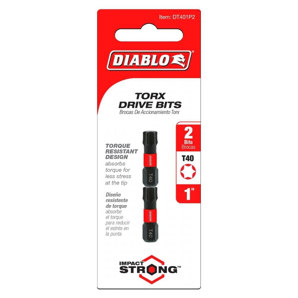 Retail hanging card packaging for a 2-pack of 1-inch Diablo T40 Torx impact driver bits, highlighting the Torque Resistant Design and T40 size classification.