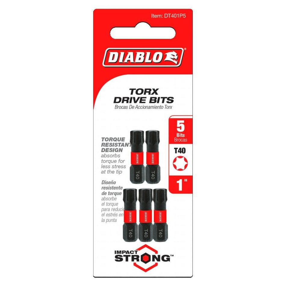 Retail hanging card packaging for a 5-pack of 1-inch Diablo T40 Torx impact driver bits, featuring red and white branding and the Impact Strong series logo.